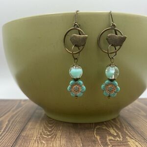 Brass Czech Glass Bird Earrings Handmade Flowers Teal Dangle Drop Boho Jewelry